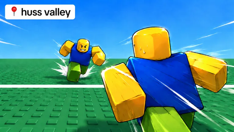 Huss Valley chase scene across a green baseplate under a blue sky
